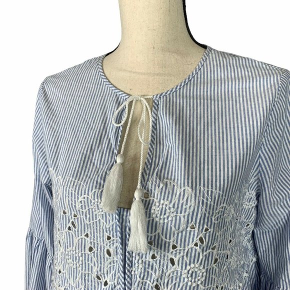 CeCe Cottage Core Crop Top Womens M Boho Puff Sleeve Striped Embroidery - Picture 8 of 10